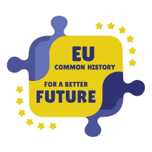 Logo composed of interlocking blue and yellow puzzle pieces with the text "EU COMMON HISTORY FOR A BETTER FUTURE" in bold letters. Yellow stars surround the logo, resembling the EU flag.