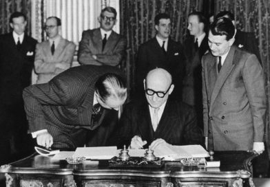Robert Schuman signing the Schuman Declaration, which led to the creation of Europe Day.