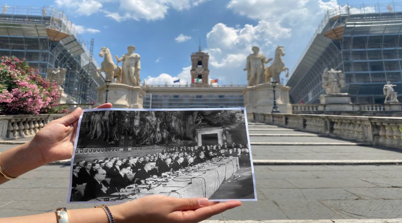 Signing the Treaties of Rome in 1957 and the Campidoglio today.