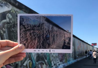 Hand is holding a postcard with the Berlin Wall, in front of the Wall